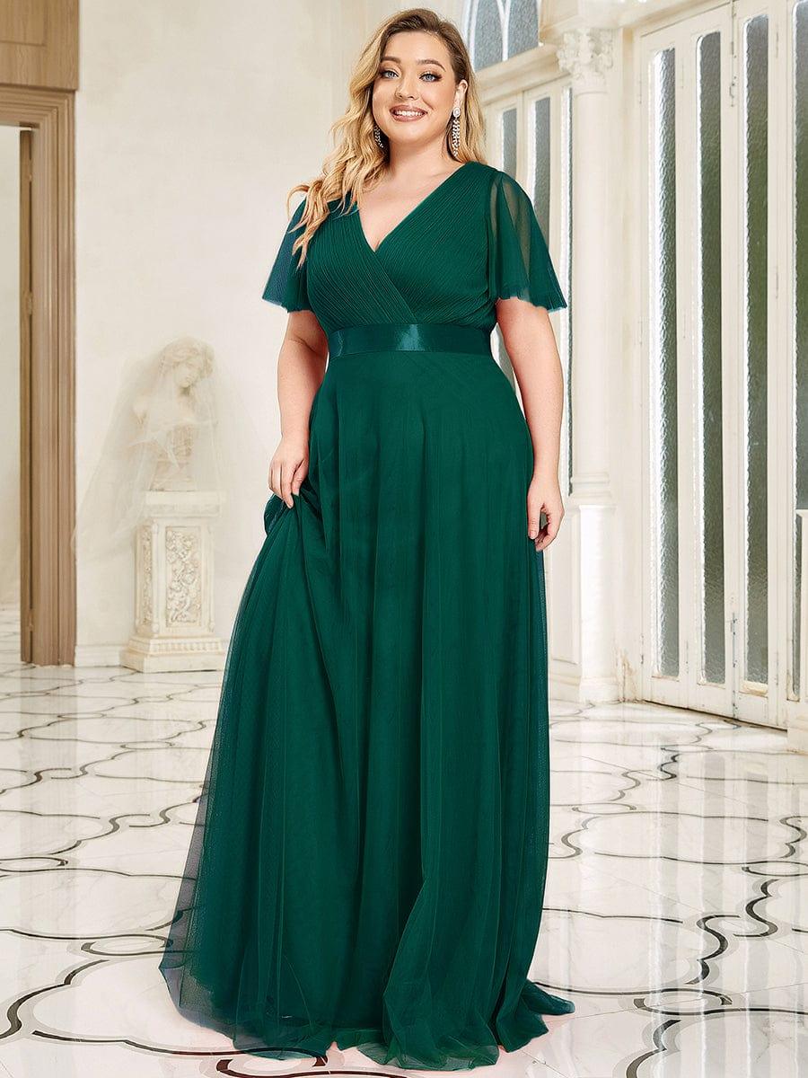 Women's Floor-Length Plus Size Formal Bridesmaid Dress with Short Sleeve #color_Dark Green