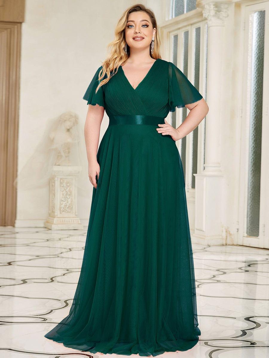 Women's Floor-Length Plus Size Formal Bridesmaid Dress with Short Sleeve #color_Dark Green
