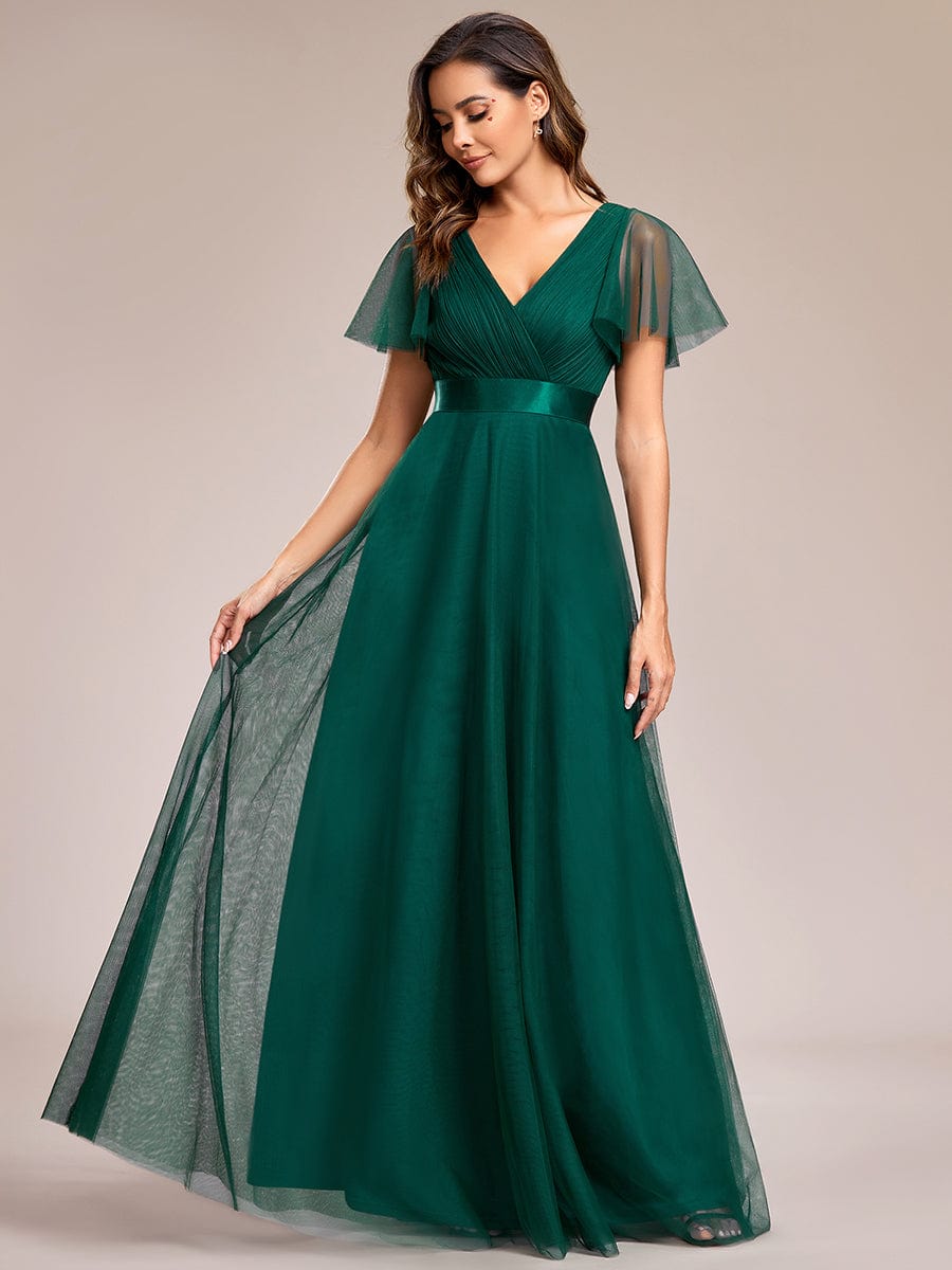 Double V-Neck Floor-Length Short Sleeve Tulle Bridesmaid Dresses #color_Dark Green