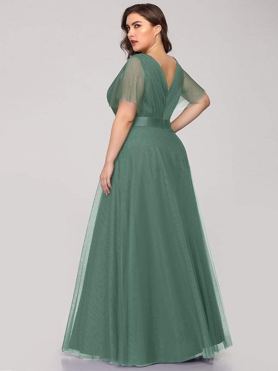 Women's Floor-Length Plus Size Formal Bridesmaid Dress with Short Sleeve #color_Green Bean