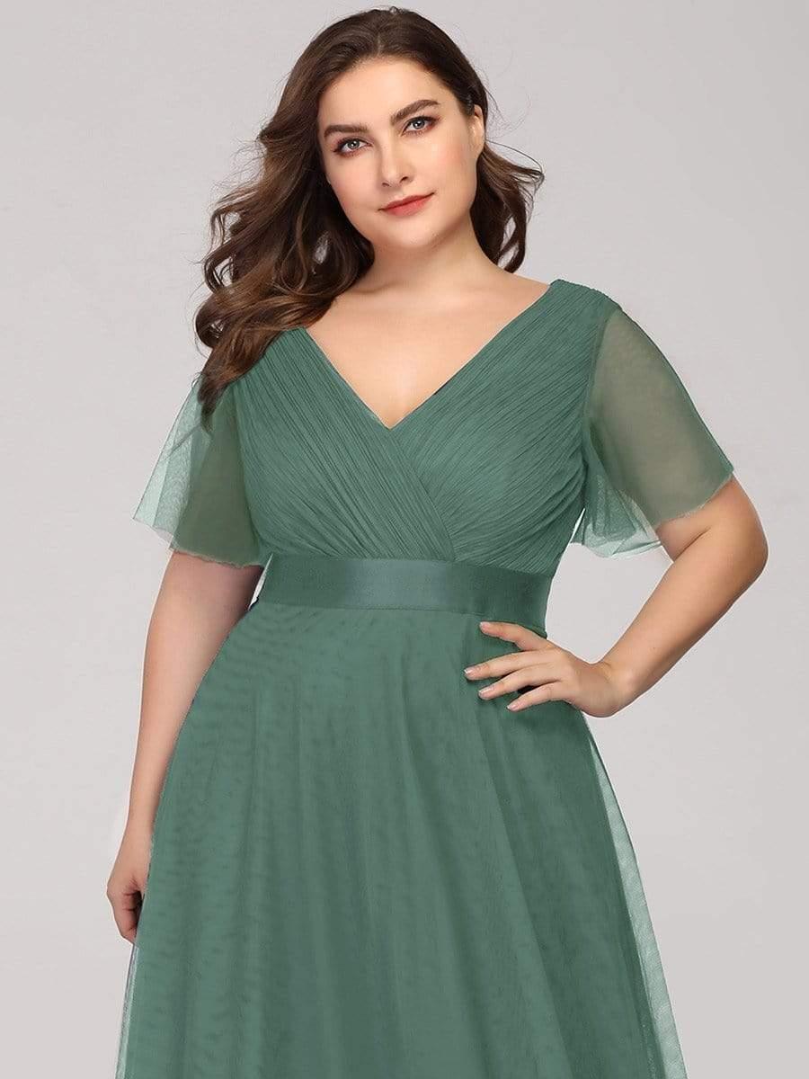 Women's Floor-Length Plus Size Formal Bridesmaid Dress with Short Sleeve #color_Green Bean