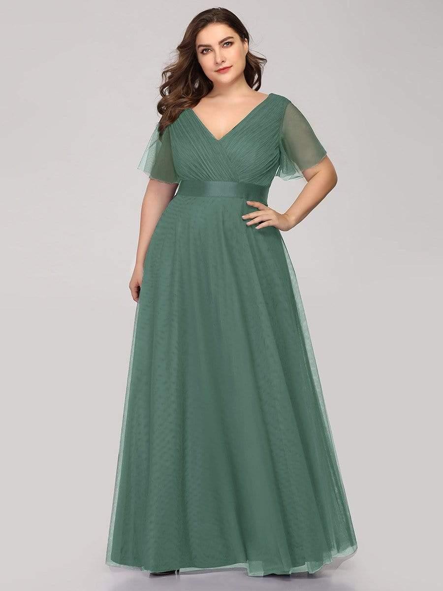 Women's Floor-Length Plus Size Formal Bridesmaid Dress with Short Sleeve #color_Green Bean