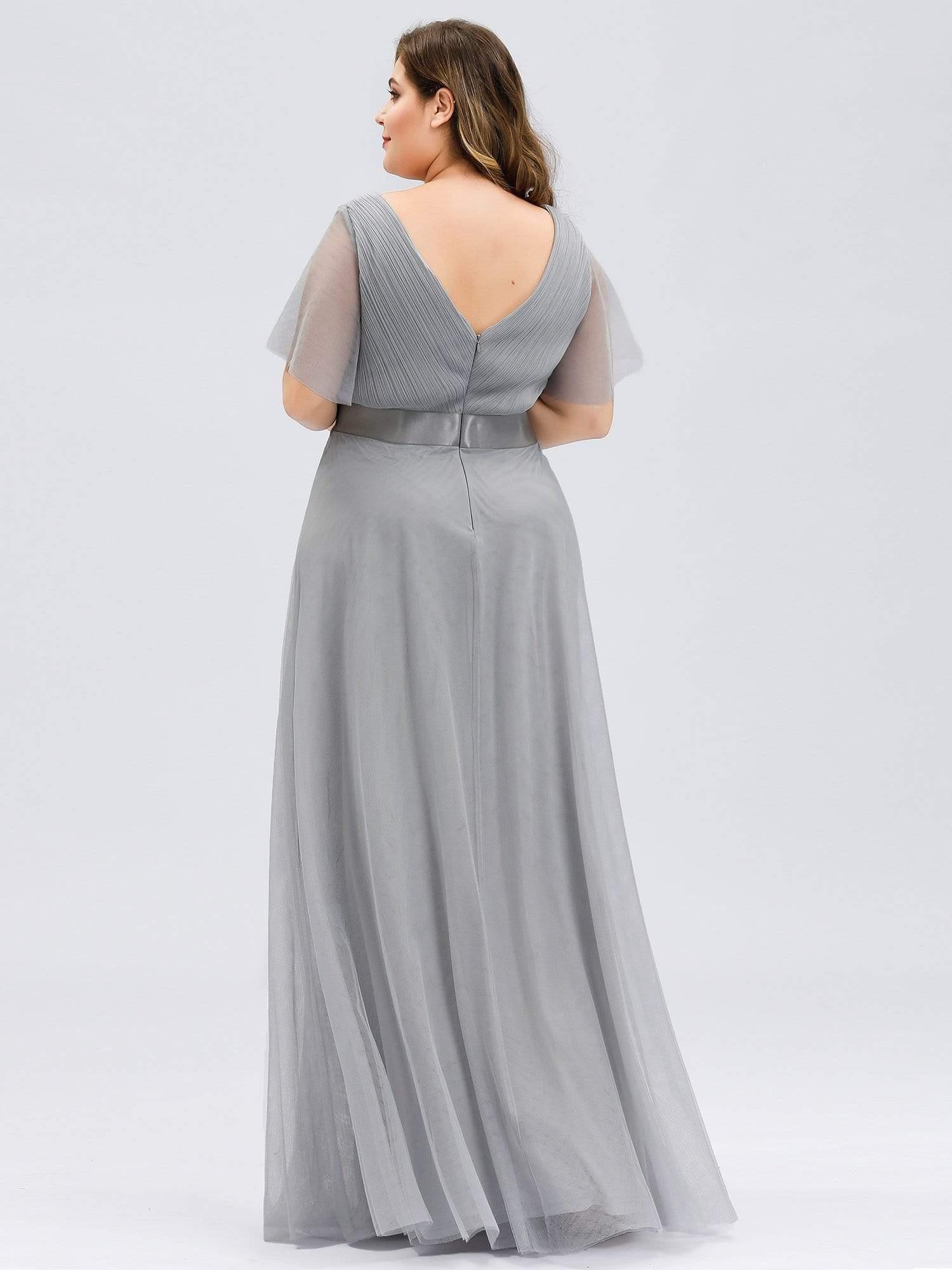 Women's Floor-Length Plus Size Formal Bridesmaid Dress with Short Sleeve #color_Grey