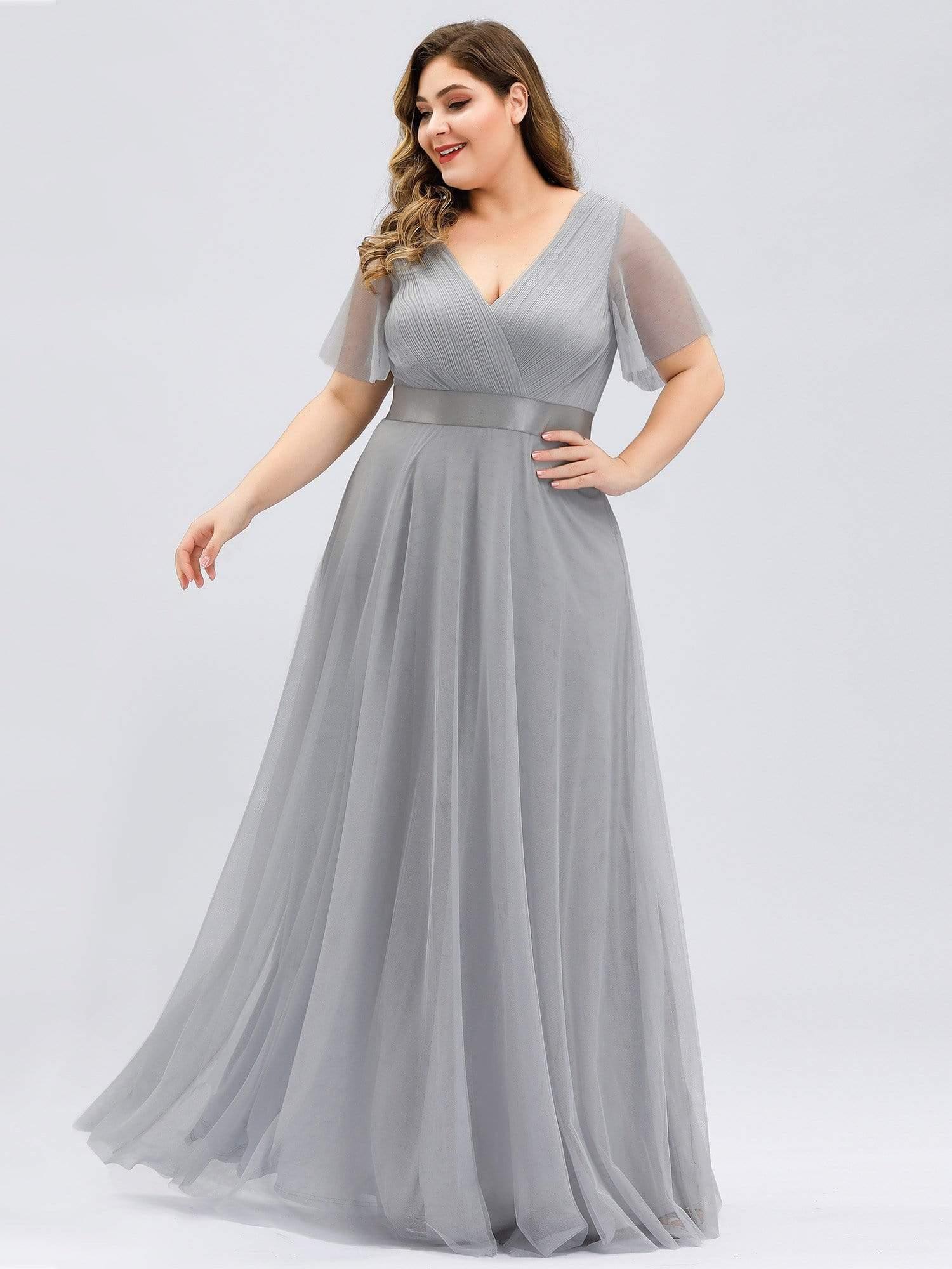Women's Floor-Length Plus Size Formal Bridesmaid Dress with Short Sleeve #color_Grey