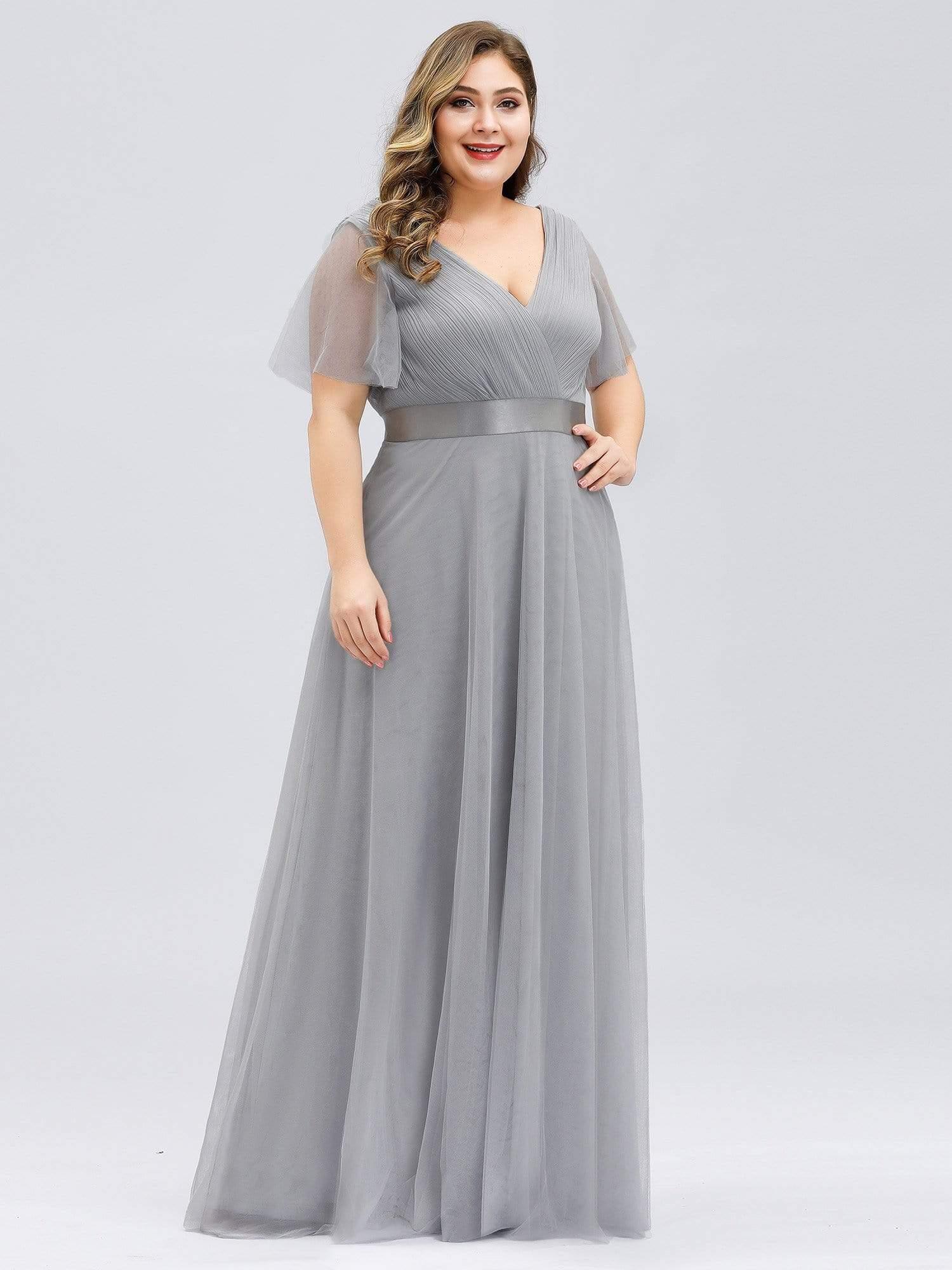 Women's Floor-Length Plus Size Formal Bridesmaid Dress with Short Sleeve #color_Grey