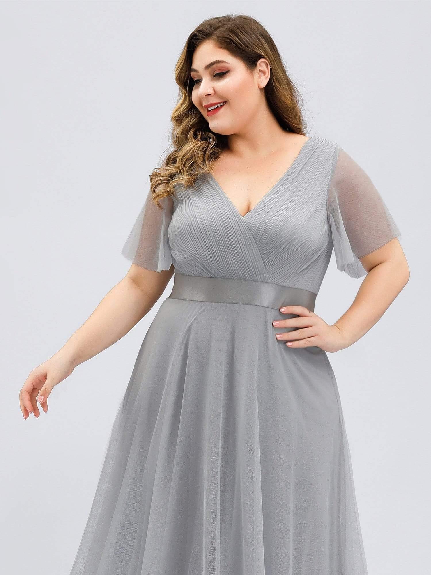 Women's Floor-Length Plus Size Formal Bridesmaid Dress with Short Sleeve #color_Grey