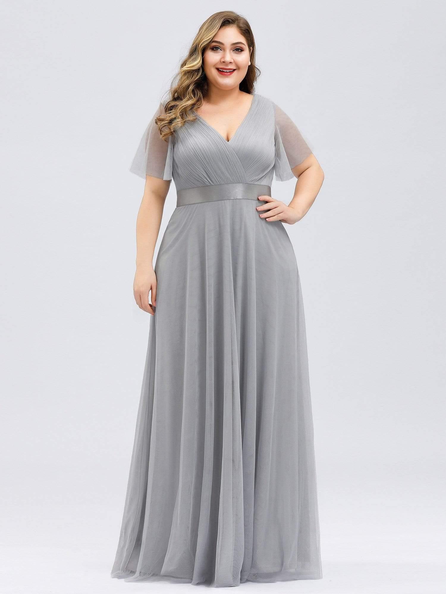 Women's Floor-Length Plus Size Formal Bridesmaid Dress with Short Sleeve #color_Grey