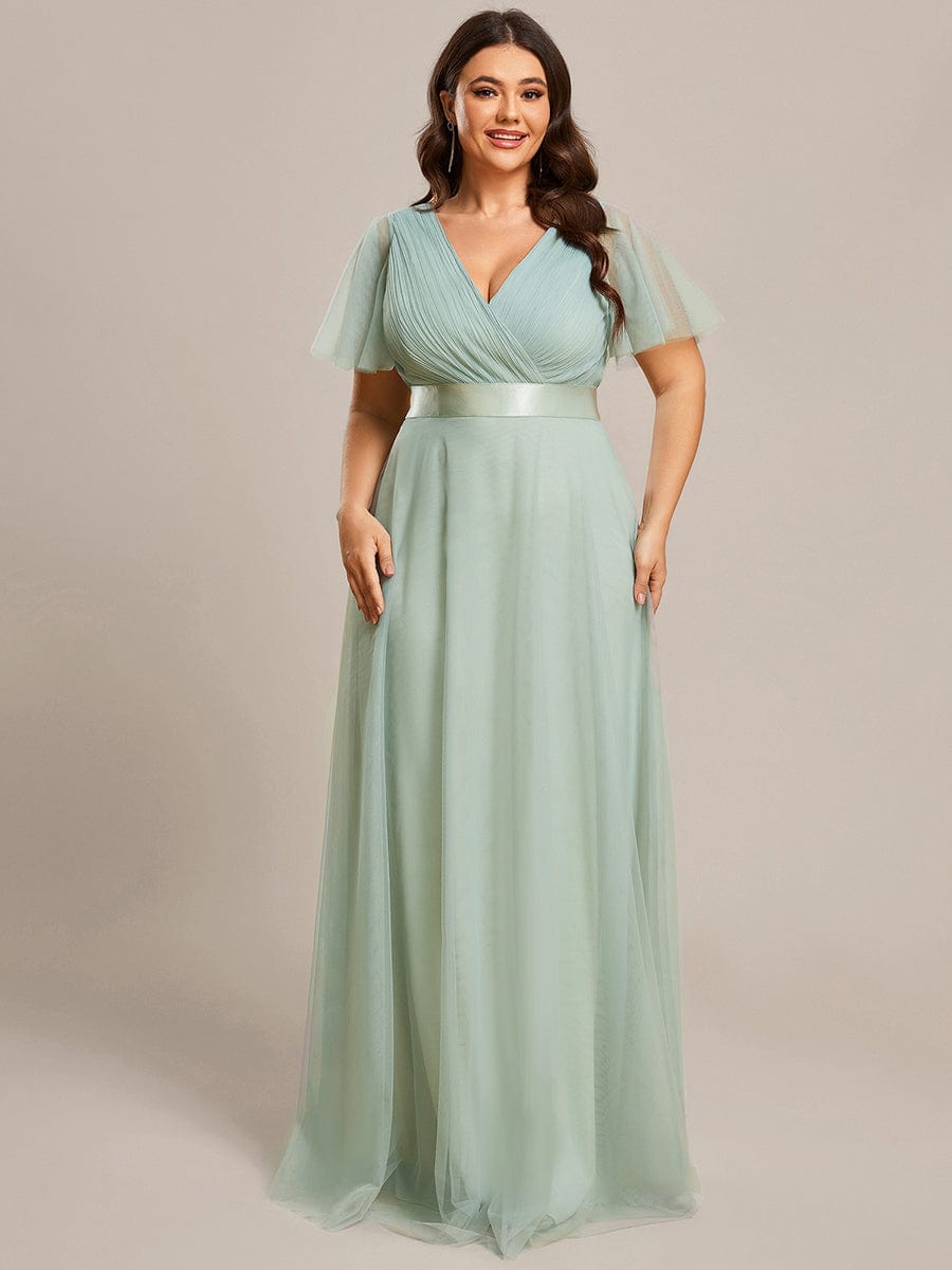 Women's Floor-Length Plus Size Formal Bridesmaid Dress with Short Sleeve #color_Mint Green