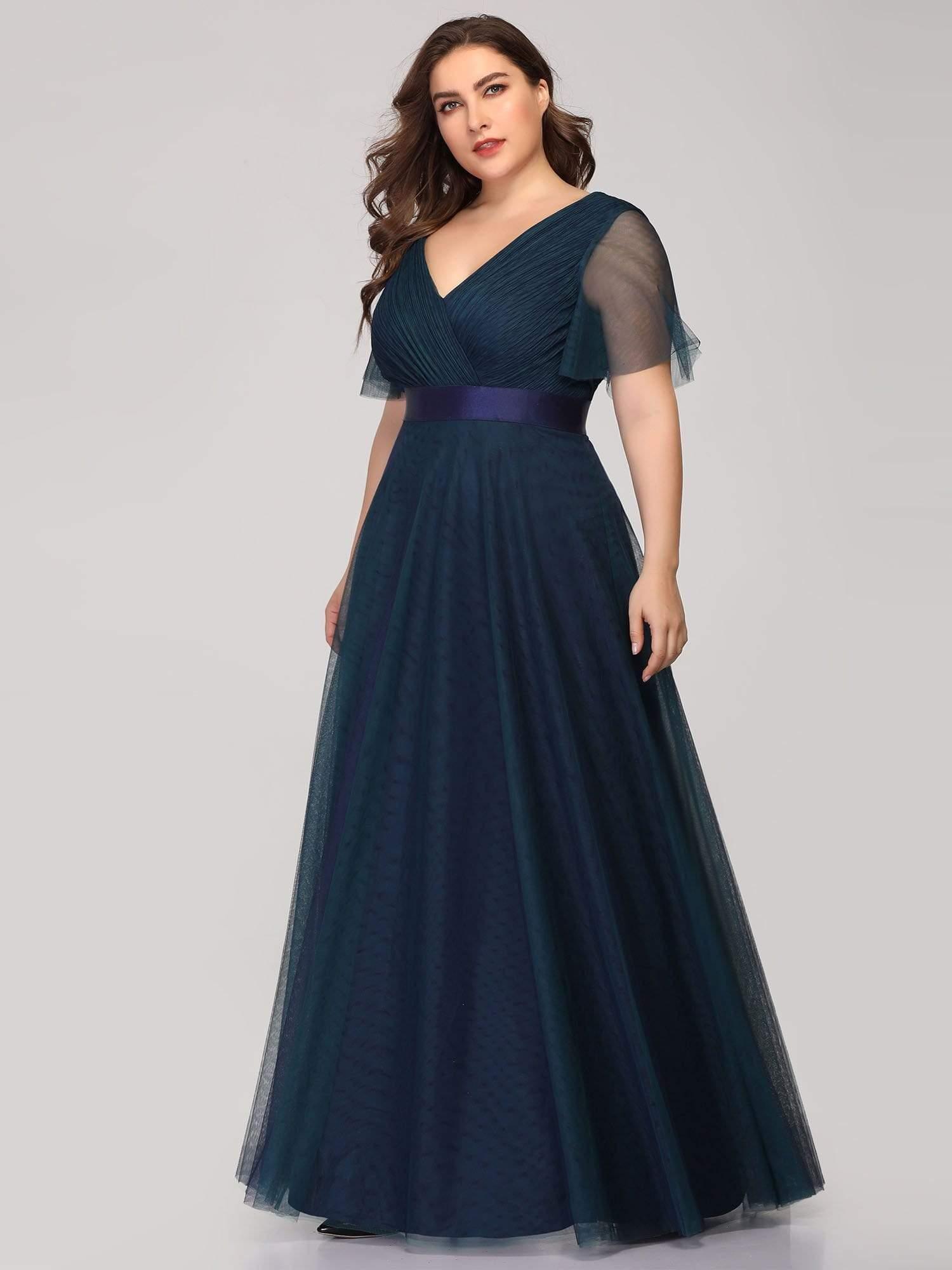 Double V-Neck Floor-Length Short Sleeve Tulle Bridesmaid Dresses #color_Navy Blue