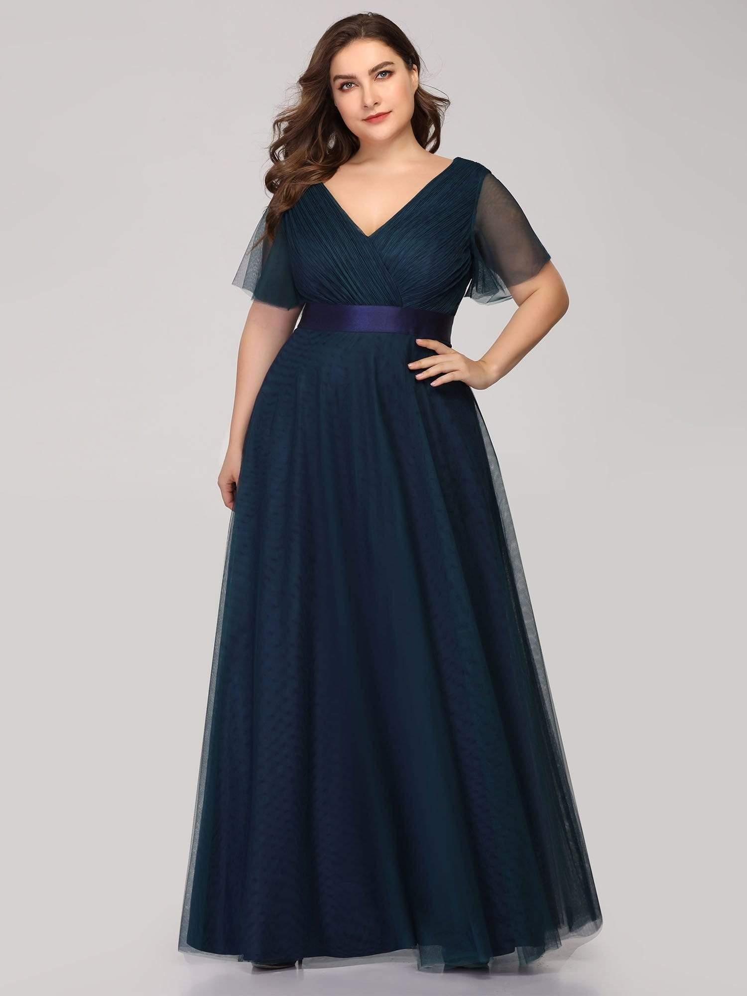 Double V-Neck Floor-Length Short Sleeve Tulle Bridesmaid Dresses #color_Navy Blue