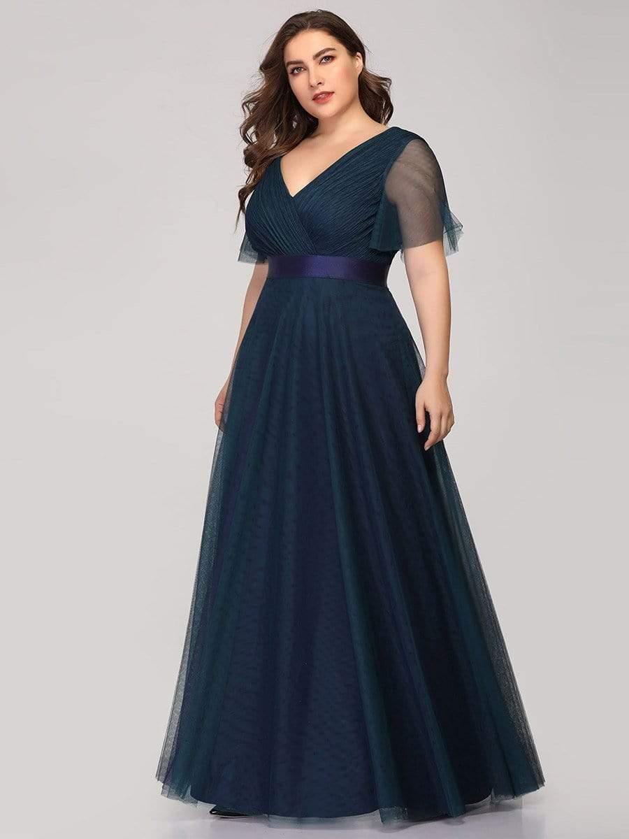 Women's Floor-Length Plus Size Formal Bridesmaid Dress with Short Sleeve #color_Navy Blue