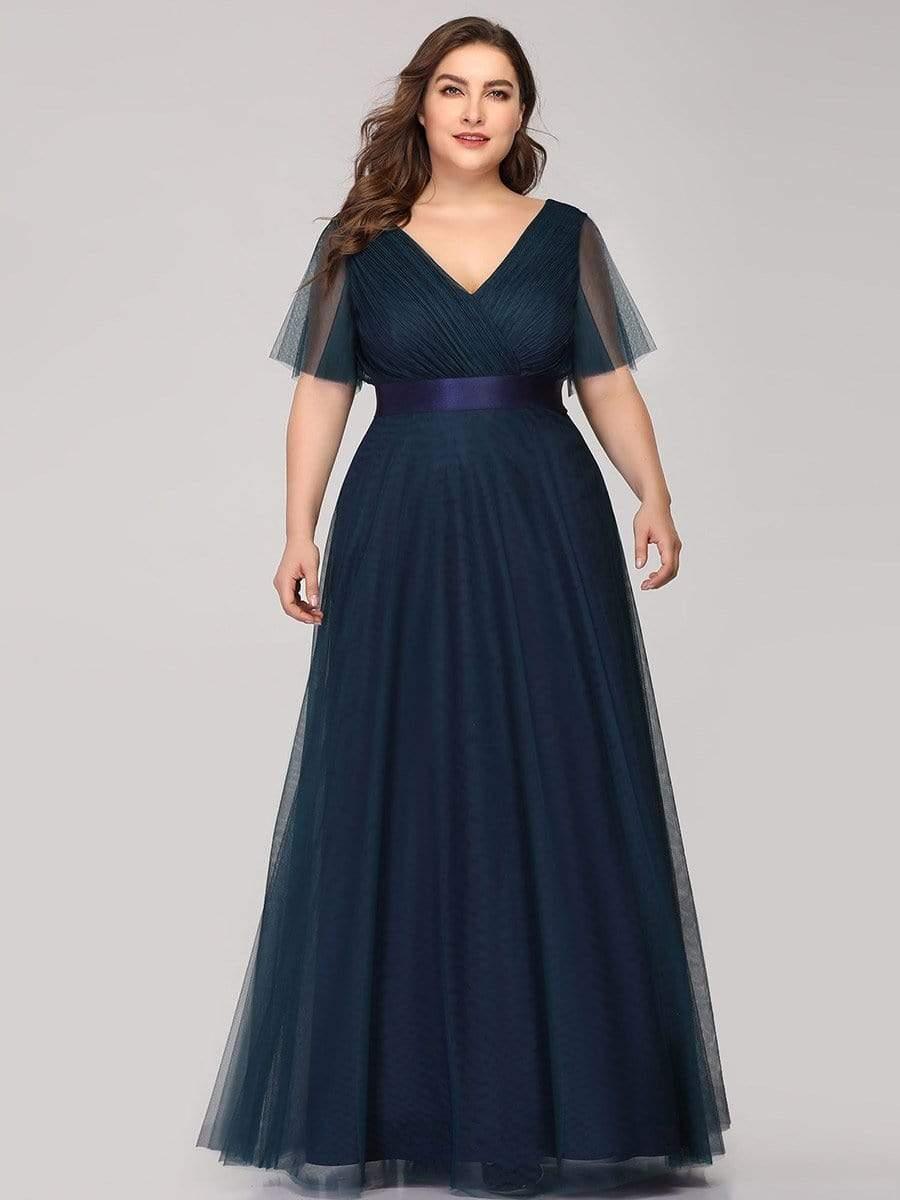 Women's Floor-Length Plus Size Formal Bridesmaid Dress with Short Sleeve #color_Navy Blue