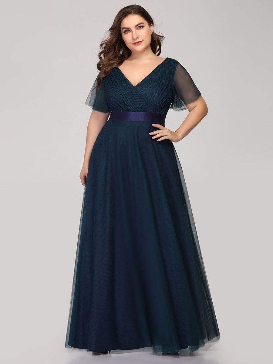 Women's Floor-Length Plus Size Formal Bridesmaid Dress with Short Sleeve #color_Navy Blue