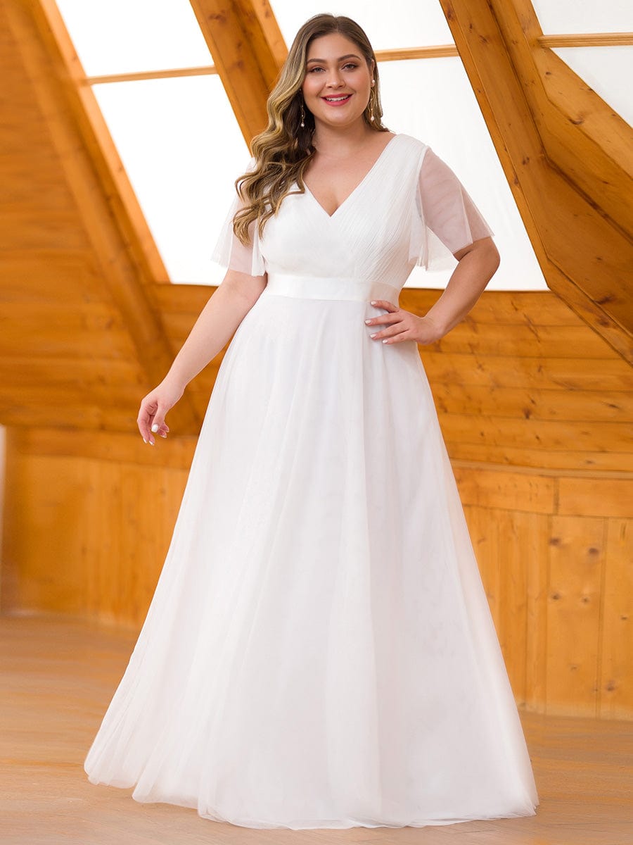 Size Double V Neck Short Sleeve Maxi Tulle Bridesmaid Dress - US