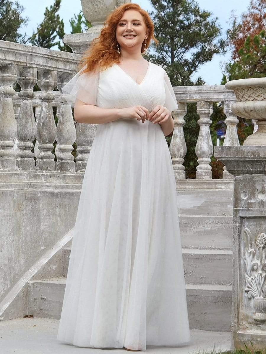 Women's Floor-Length Plus Size Formal Bridesmaid Dress with Short Sleeve #color_White