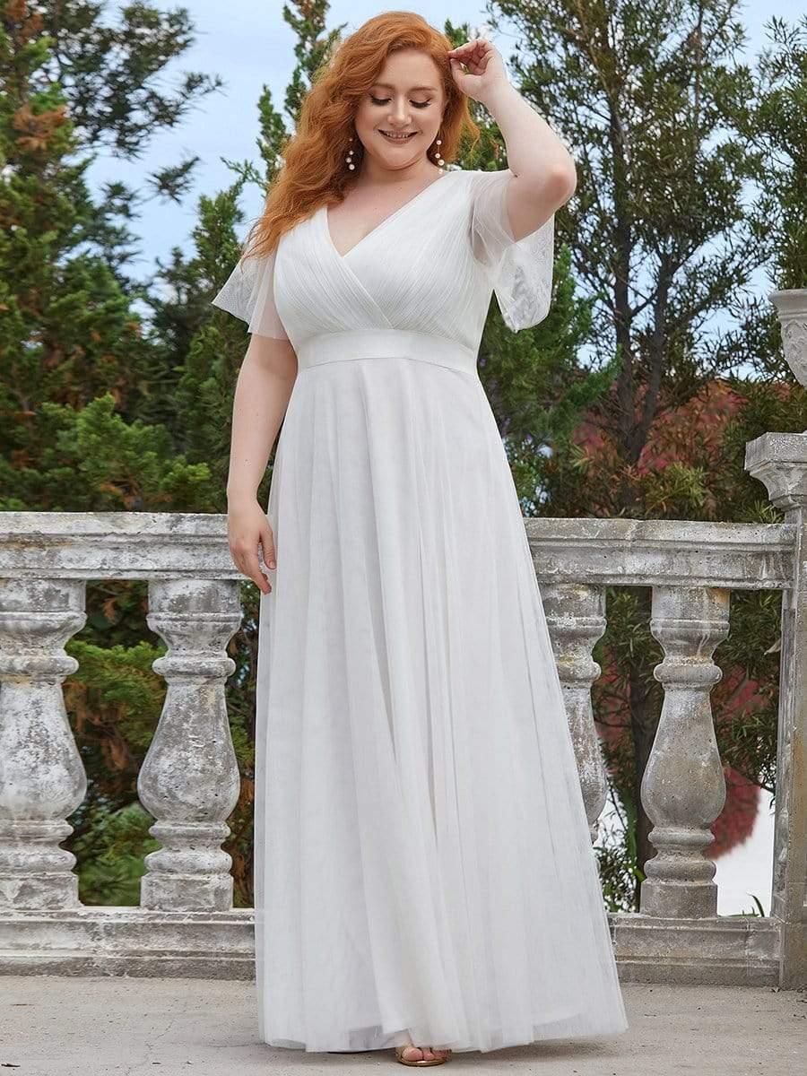 Women's Floor-Length Plus Size Formal Bridesmaid Dress with Short Sleeve #color_White