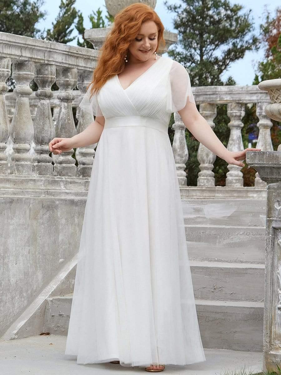 Women's Floor-Length Plus Size Formal Bridesmaid Dress with Short Sleeve #color_White