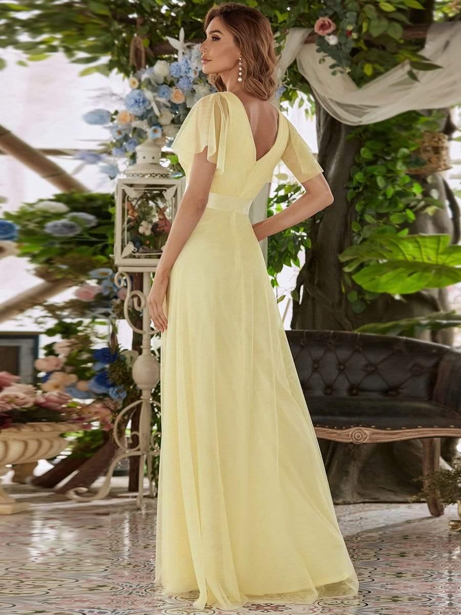 Double V-Neck Floor-Length Short Sleeve Tulle Bridesmaid Dresses #color_Yellow