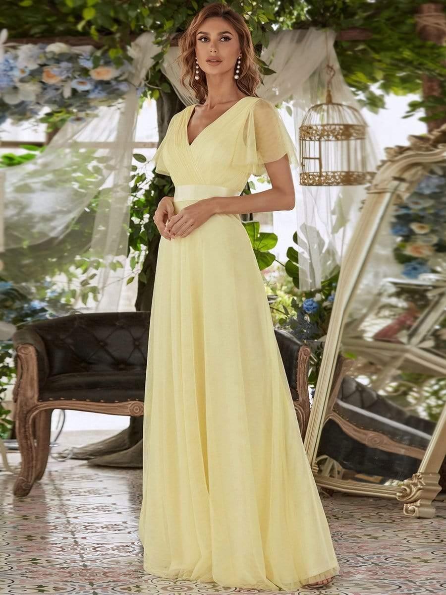 Double V-Neck Floor-Length Short Sleeve Tulle Bridesmaid Dresses #color_Yellow