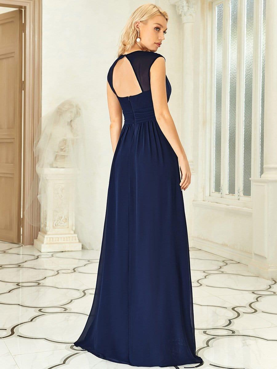 V-Neck Sleeveless Beaded Belt Chiffon A-Line Evening Dress #color_Navy Blue