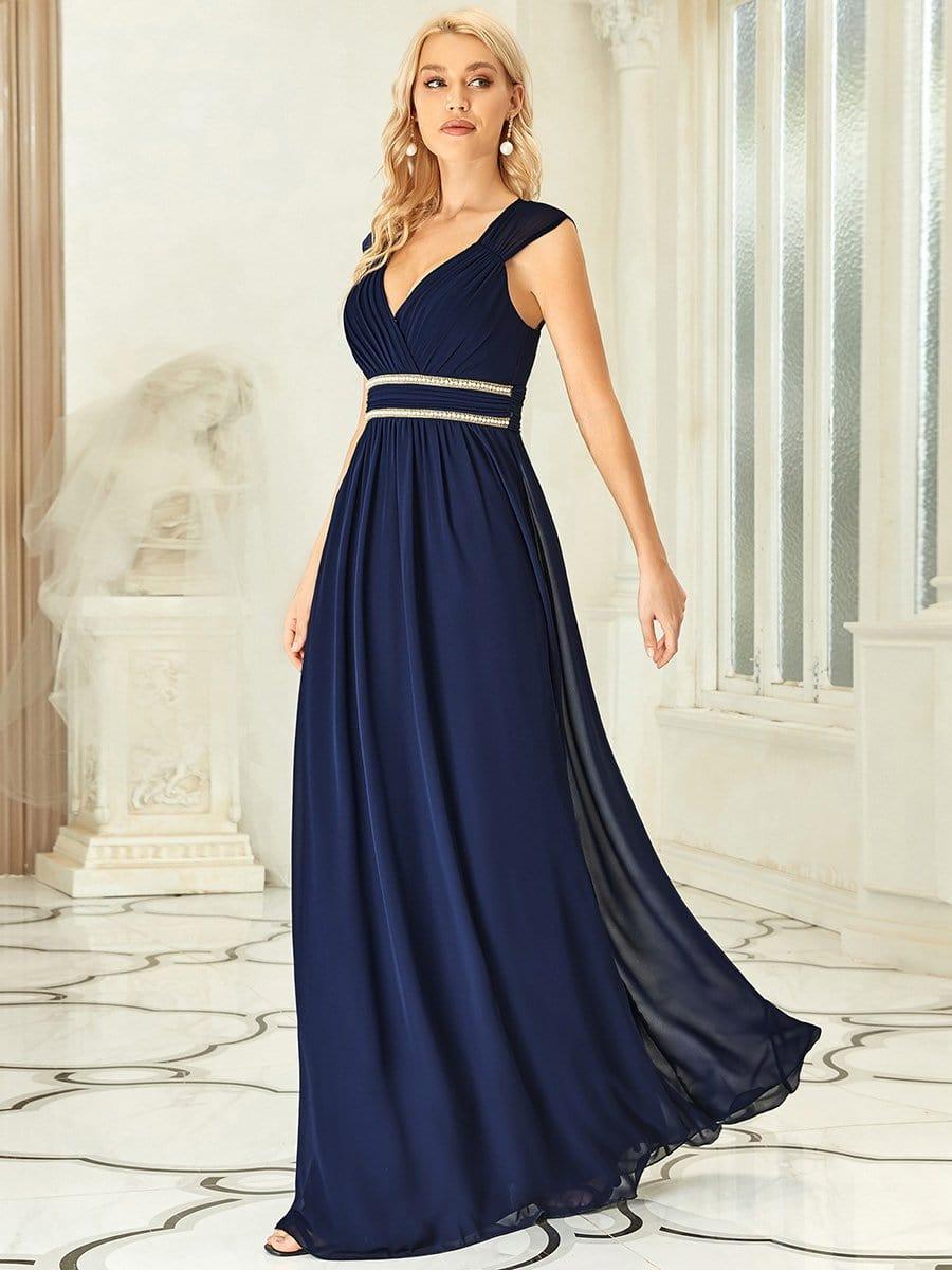 V-Neck Sleeveless Beaded Belt Chiffon A-Line Evening Dress #color_Navy Blue