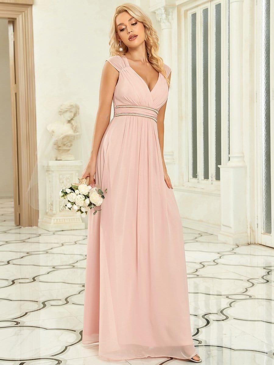 V-Neck Sleeveless Beaded Belt Chiffon A-Line Evening Dress #color_Pink