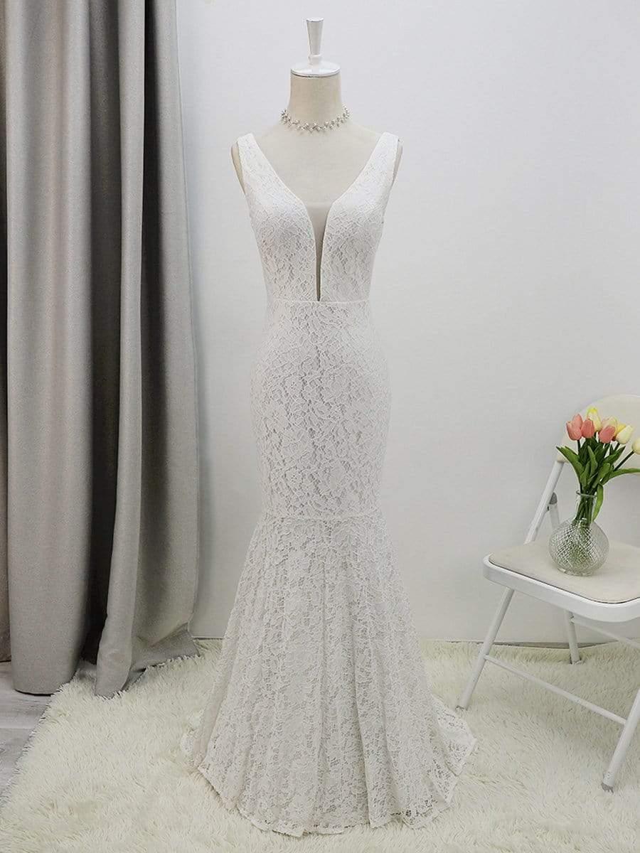 Dainty Deep V Neck Sleeveless Fishtail Lace Wedding Dress #color_White Dainty Deep V Neck Sleeveless Fishtail Lace Wedding Dress