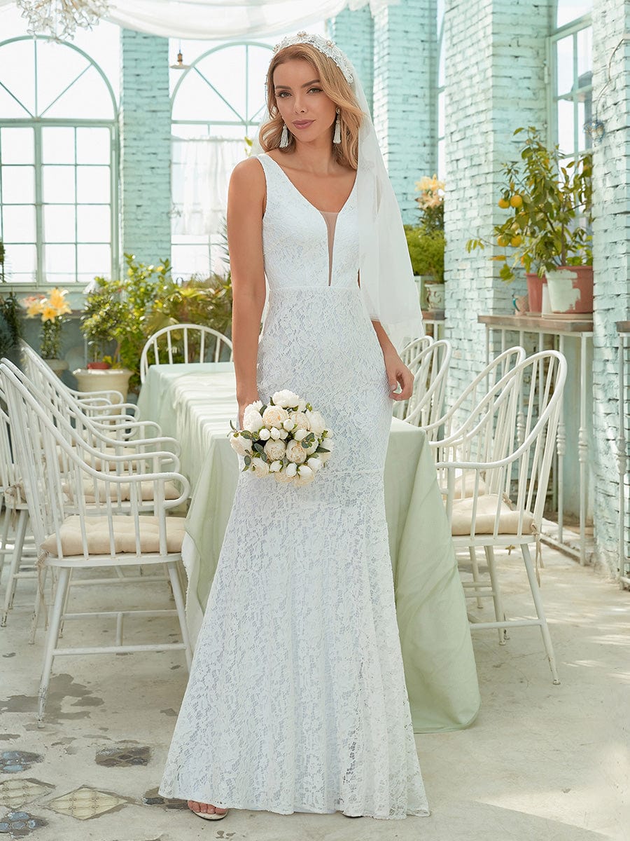 Custom Size Dainty Deep V Neck Sleeveless Fishtail Lace Wedding Dress #color_White 