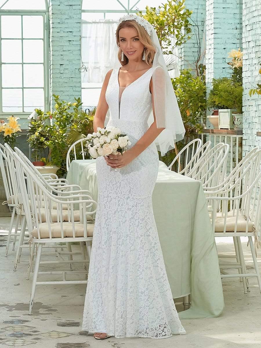 Dainty Deep V Neck Sleeveless Fishtail Lace Wedding Dress #color_White Dainty Deep V Neck Sleeveless Fishtail Lace Wedding Dress