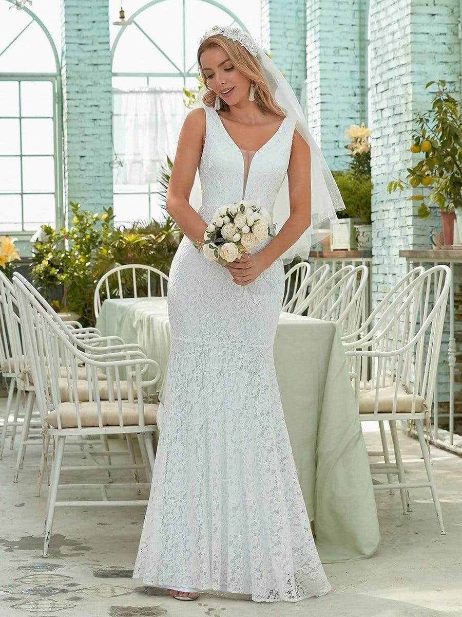 Dainty Deep V Neck Sleeveless Fishtail Lace Wedding Dress #color_White Dainty Deep V Neck Sleeveless Fishtail Lace Wedding Dress