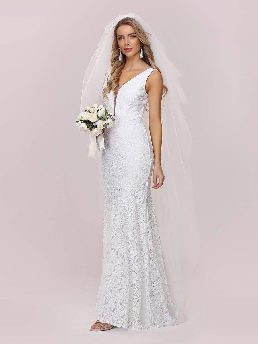 Dainty Deep V Neck Sleeveless Fishtail Lace Wedding Dress #color_White Dainty Deep V Neck Sleeveless Fishtail Lace Wedding Dress