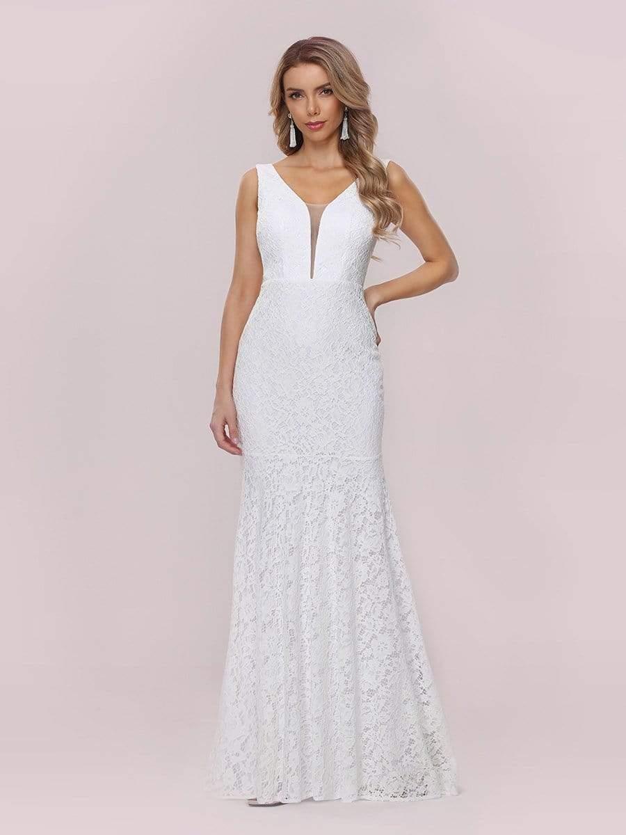 Dainty Deep V Neck Sleeveless Fishtail Lace Wedding Dress #color_White Dainty Deep V Neck Sleeveless Fishtail Lace Wedding Dress