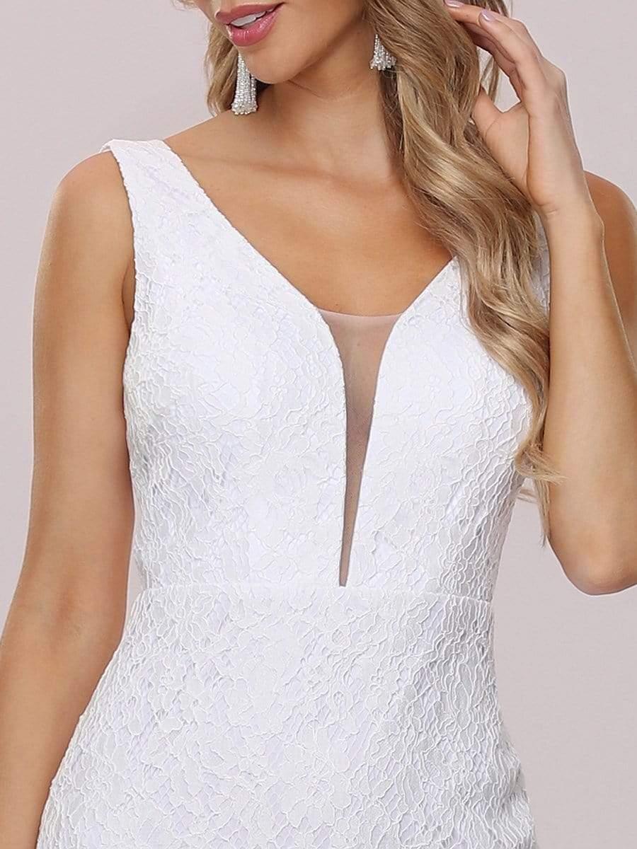 Dainty Deep V Neck Sleeveless Fishtail Lace Wedding Dress #color_White Dainty Deep V Neck Sleeveless Fishtail Lace Wedding Dress