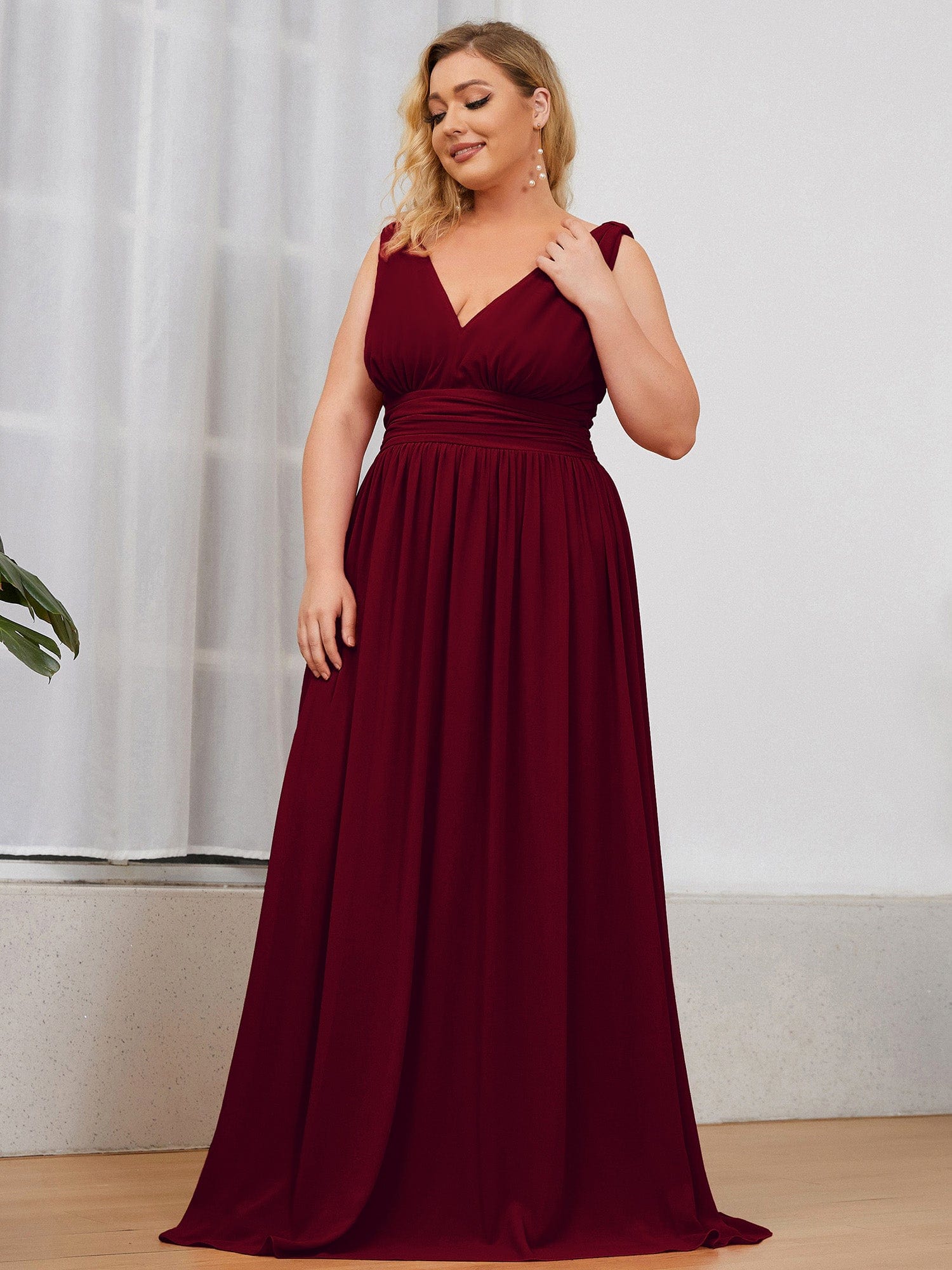 Plus Size Sleeveless V-Neck Semi-Formal Chiffon Bridesmaid Dress #color_Burgundy