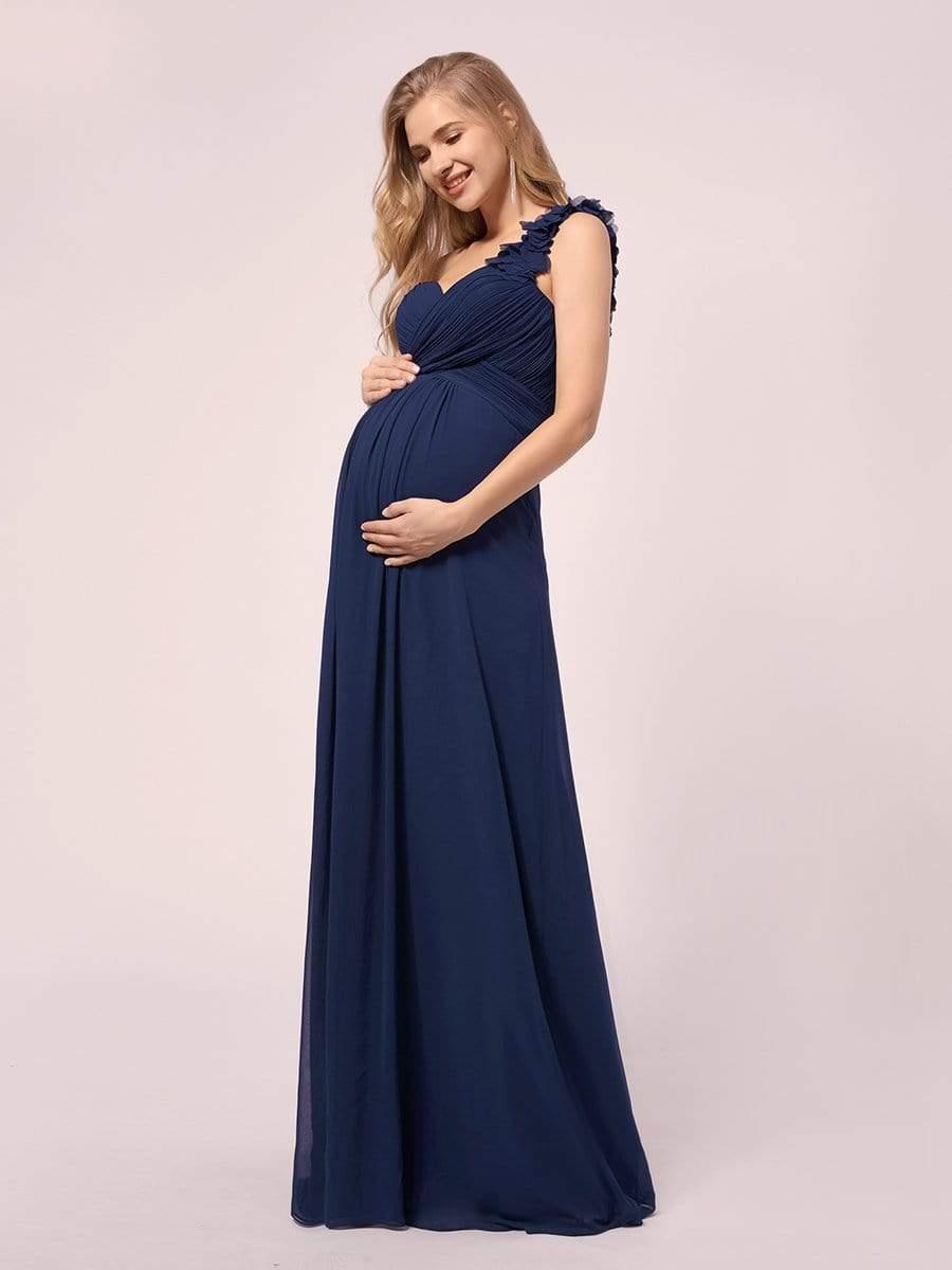 Maxi Long Flower One Shoulder Maternity Dress #color_Navy Blue Maxi Long Flower One Shoulder Maternity Dress
