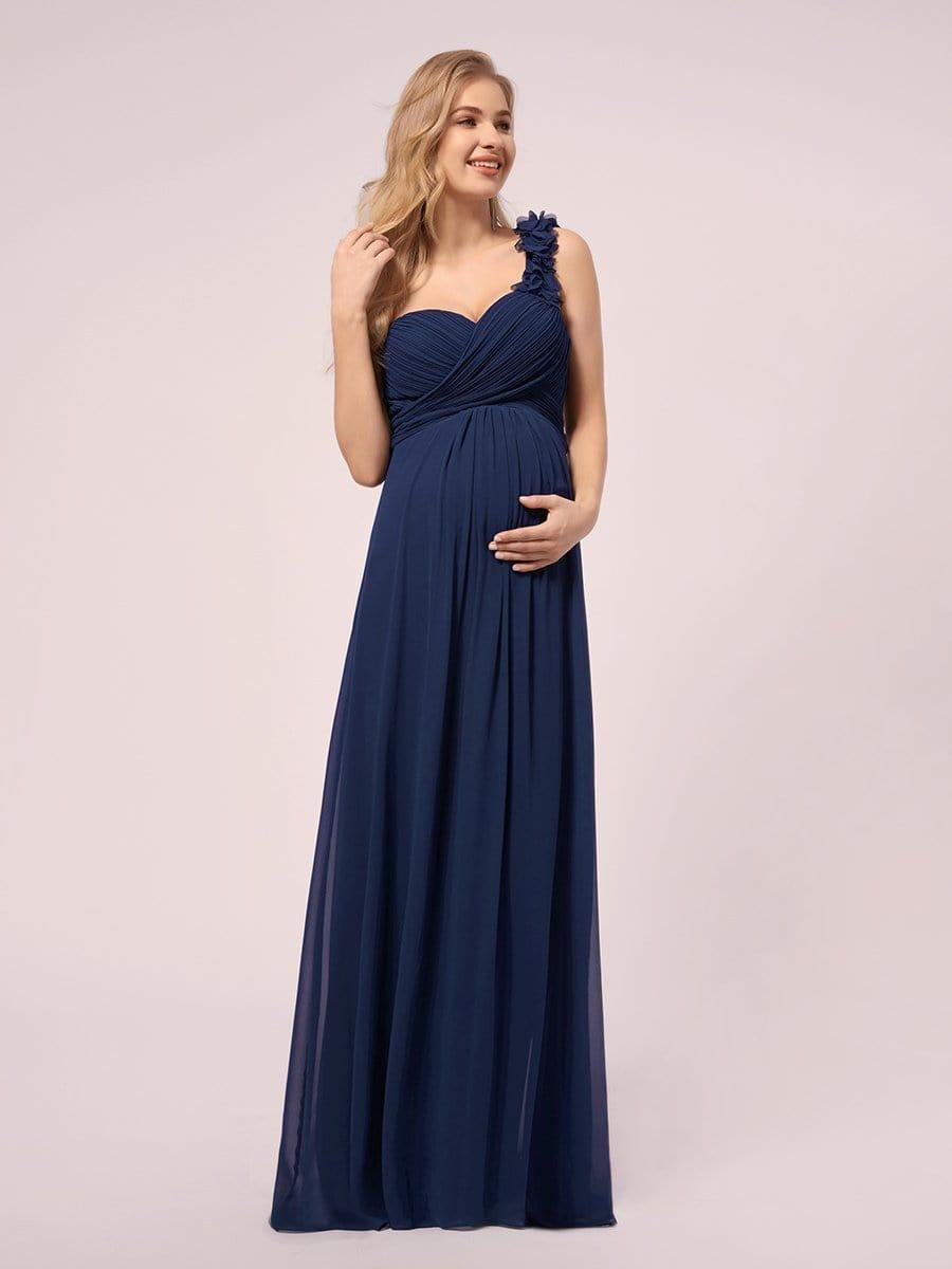 Maxi Long Flower One Shoulder Maternity Dress #color_Navy Blue Maxi Long Flower One Shoulder Maternity Dress
