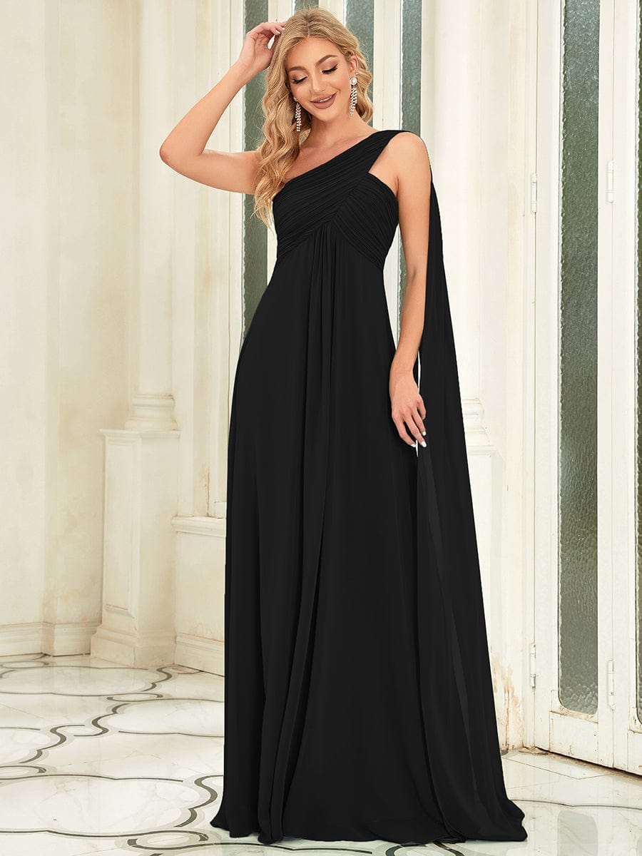 Pleated One Shoulder Long Chiffon Evening Dress #color_Black