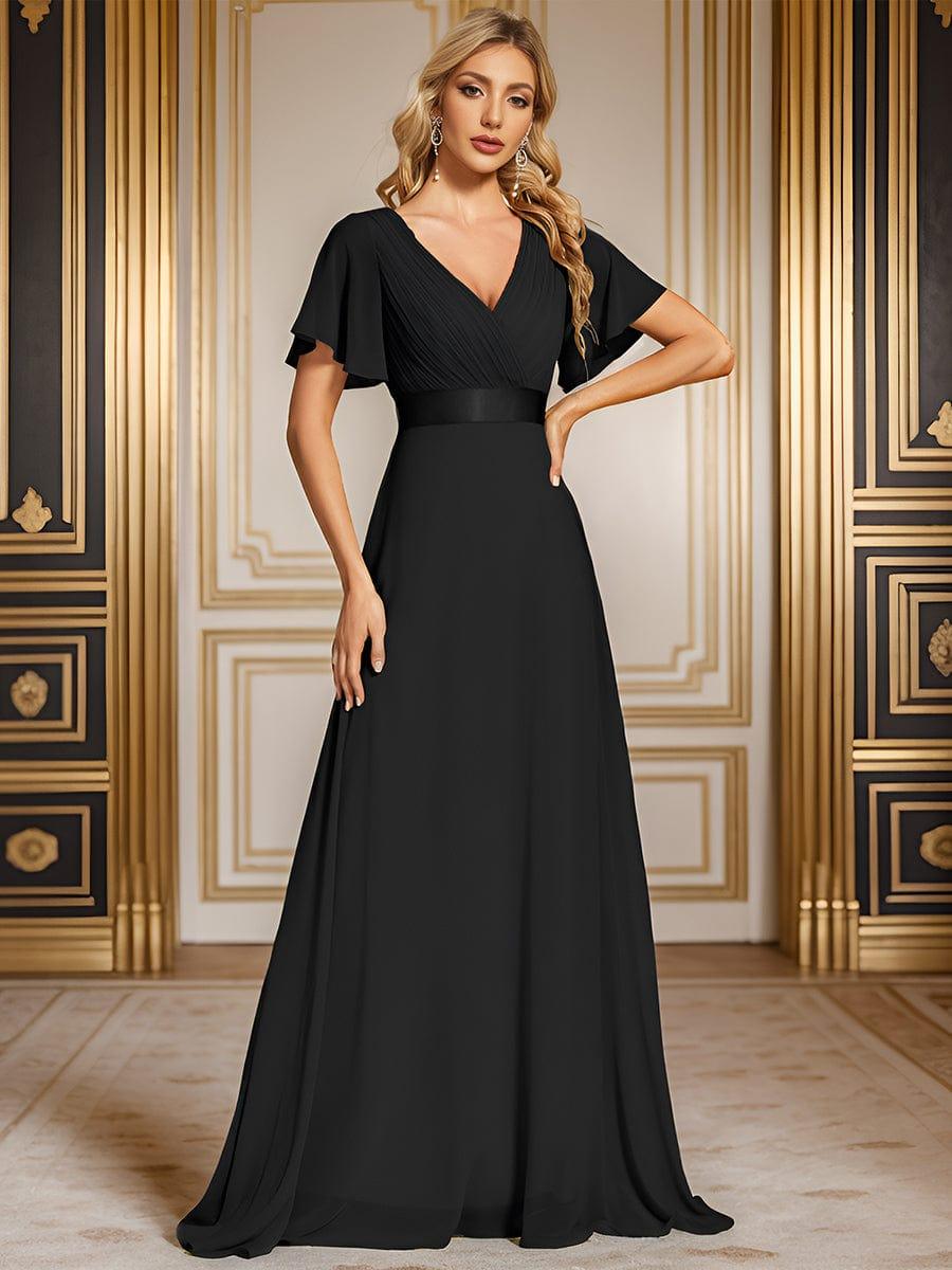 Long Chiffon Empire Waist Bridesmaid Dress with Short Flutter Sleeves #color_Black