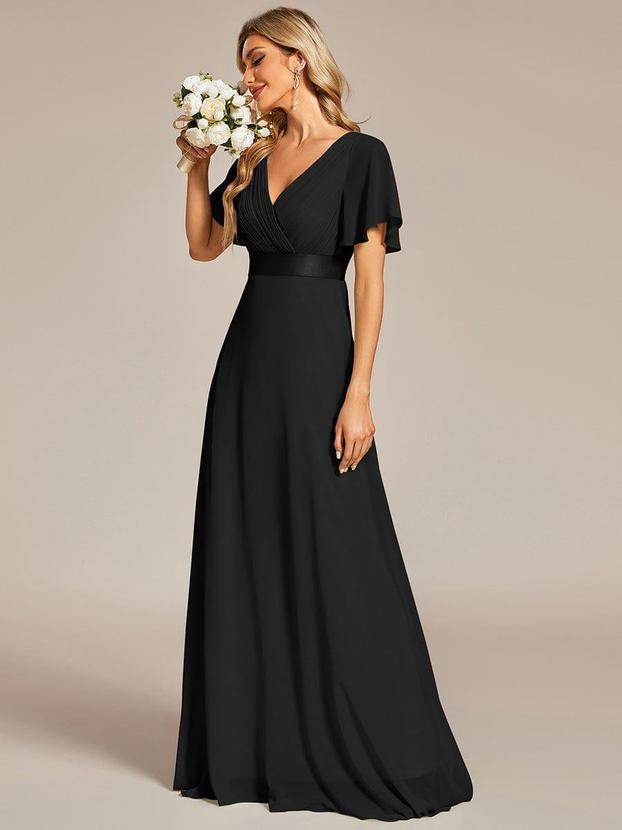 Long Chiffon Empire Waist Bridesmaid Dress with Short Flutter Sleeves #color_Black