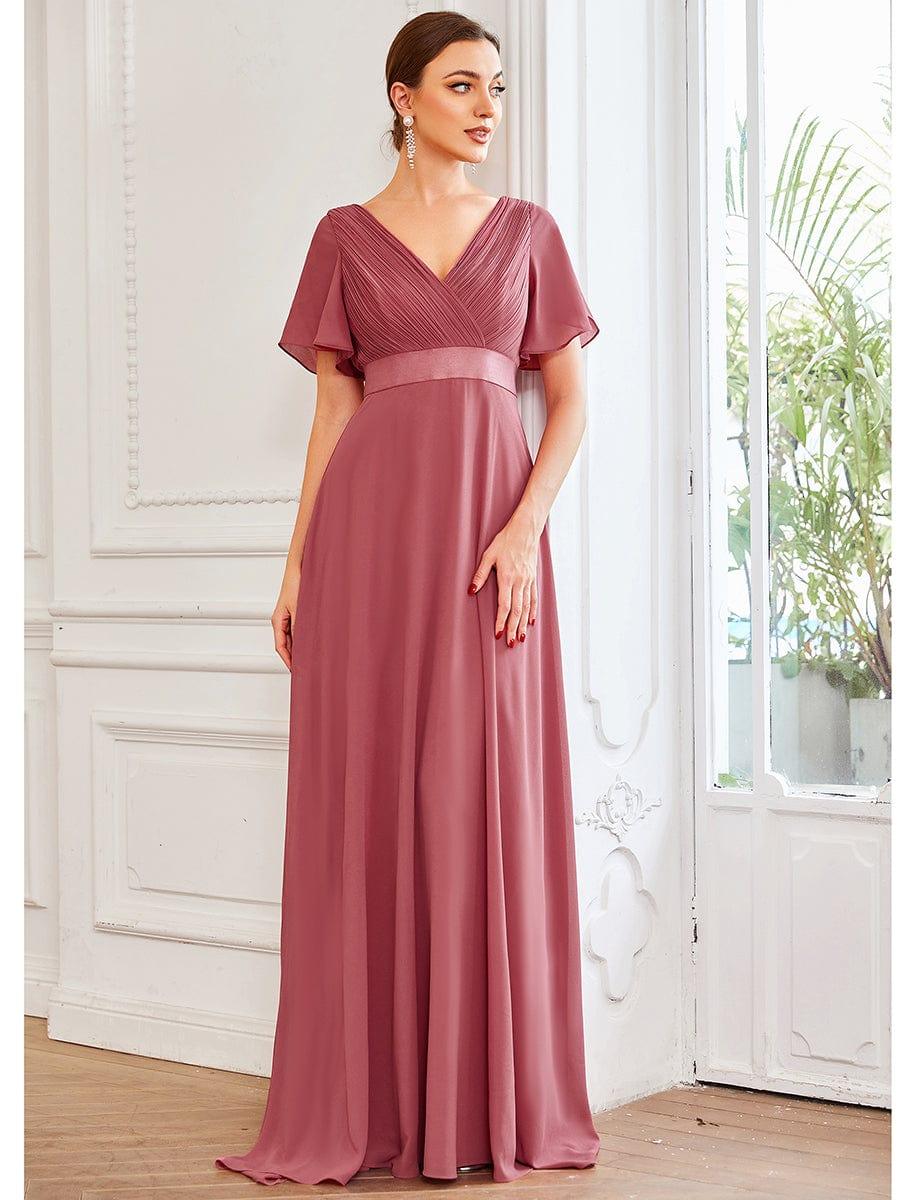 Long Chiffon Empire Waist Bridesmaid Dress with Short Flutter Sleeves #color_Cameo Brown