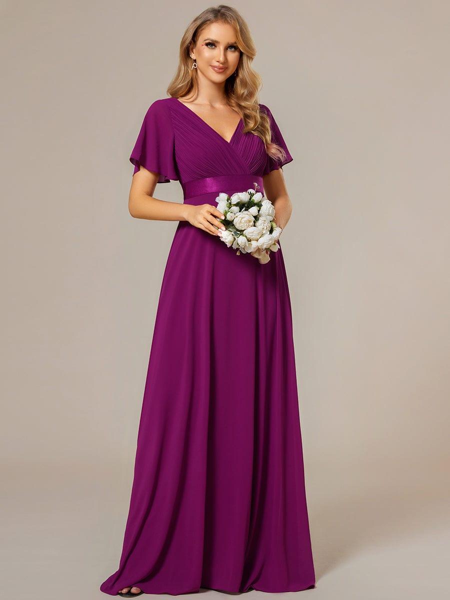 Long Chiffon Empire Waist Bridesmaid Dress with Short Flutter Sleeves #color_Fuchsia