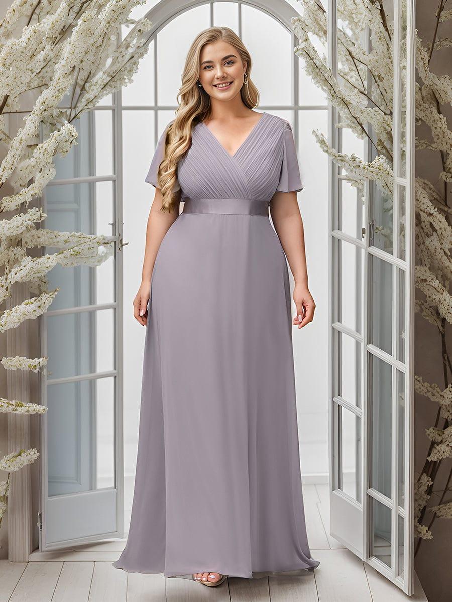 Long Chiffon Empire Waist Bridesmaid Dress with Short Flutter Sleeves #color_Grey