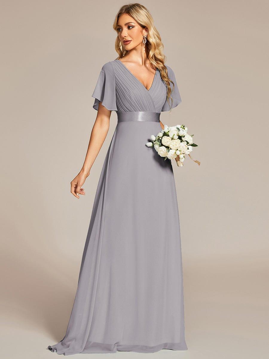 Long Chiffon Empire Waist Bridesmaid Dress with Short Flutter Sleeves #color_Grey