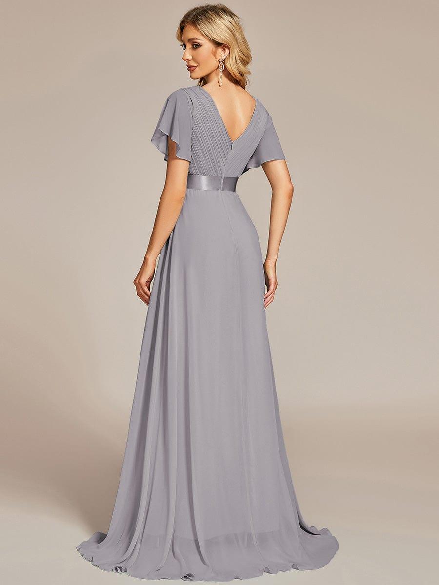 Long Chiffon Empire Waist Bridesmaid Dress with Short Flutter Sleeves #color_Grey