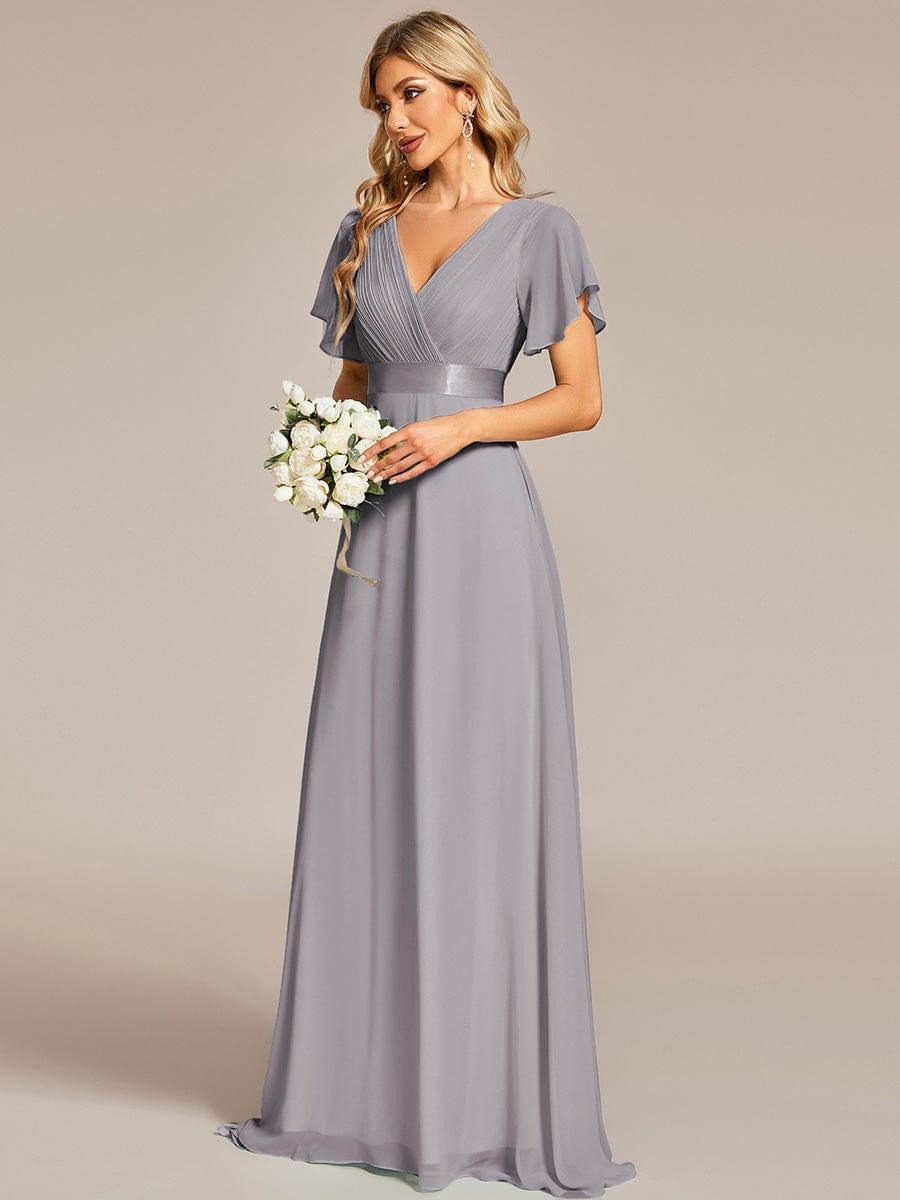 Long Chiffon Empire Waist Bridesmaid Dress with Short Flutter Sleeves #color_Grey