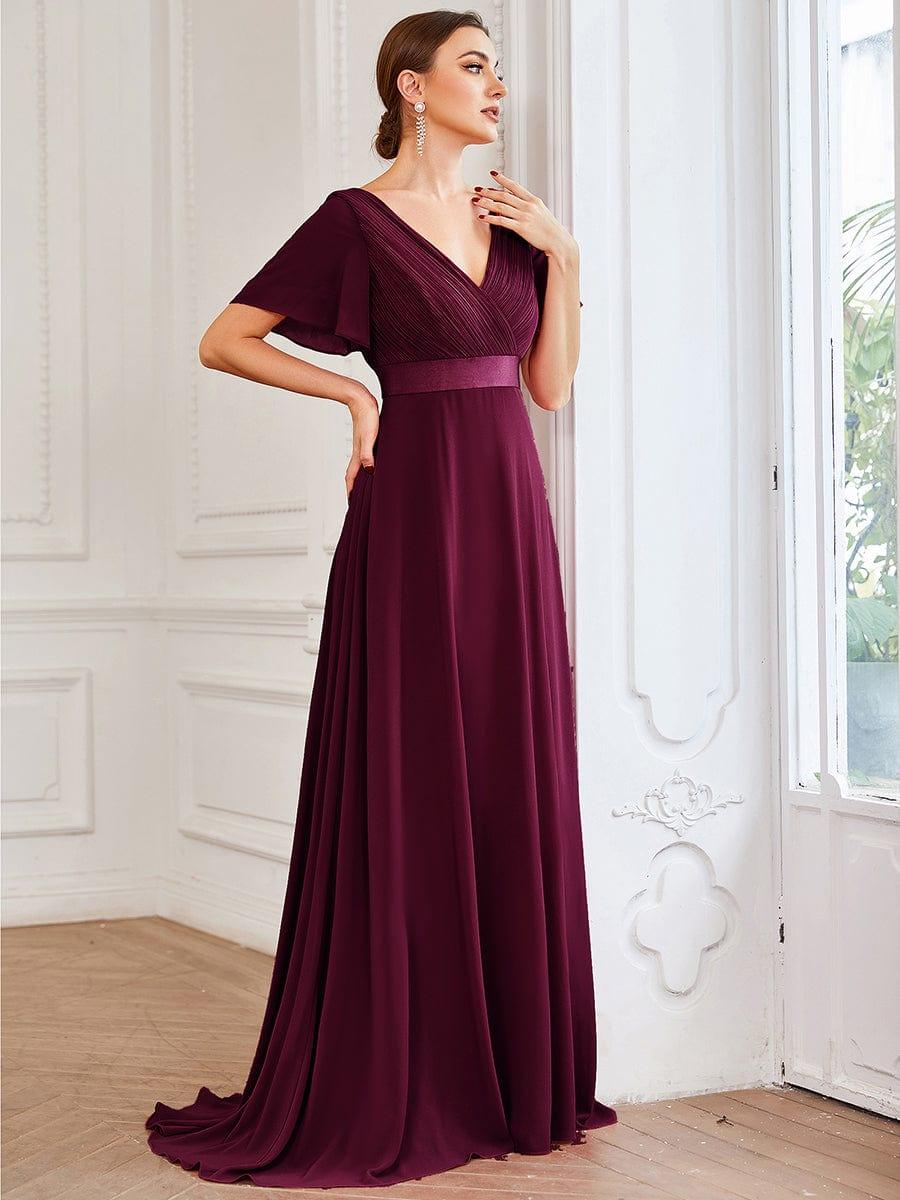 Long Chiffon Empire Waist Bridesmaid Dress with Short Flutter Sleeves #color_Mulberry