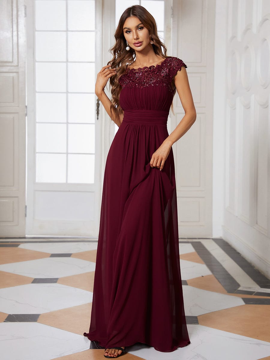Maxi Lace Cap Sleeve Long Formal Evening Dress #color_Burgundy 