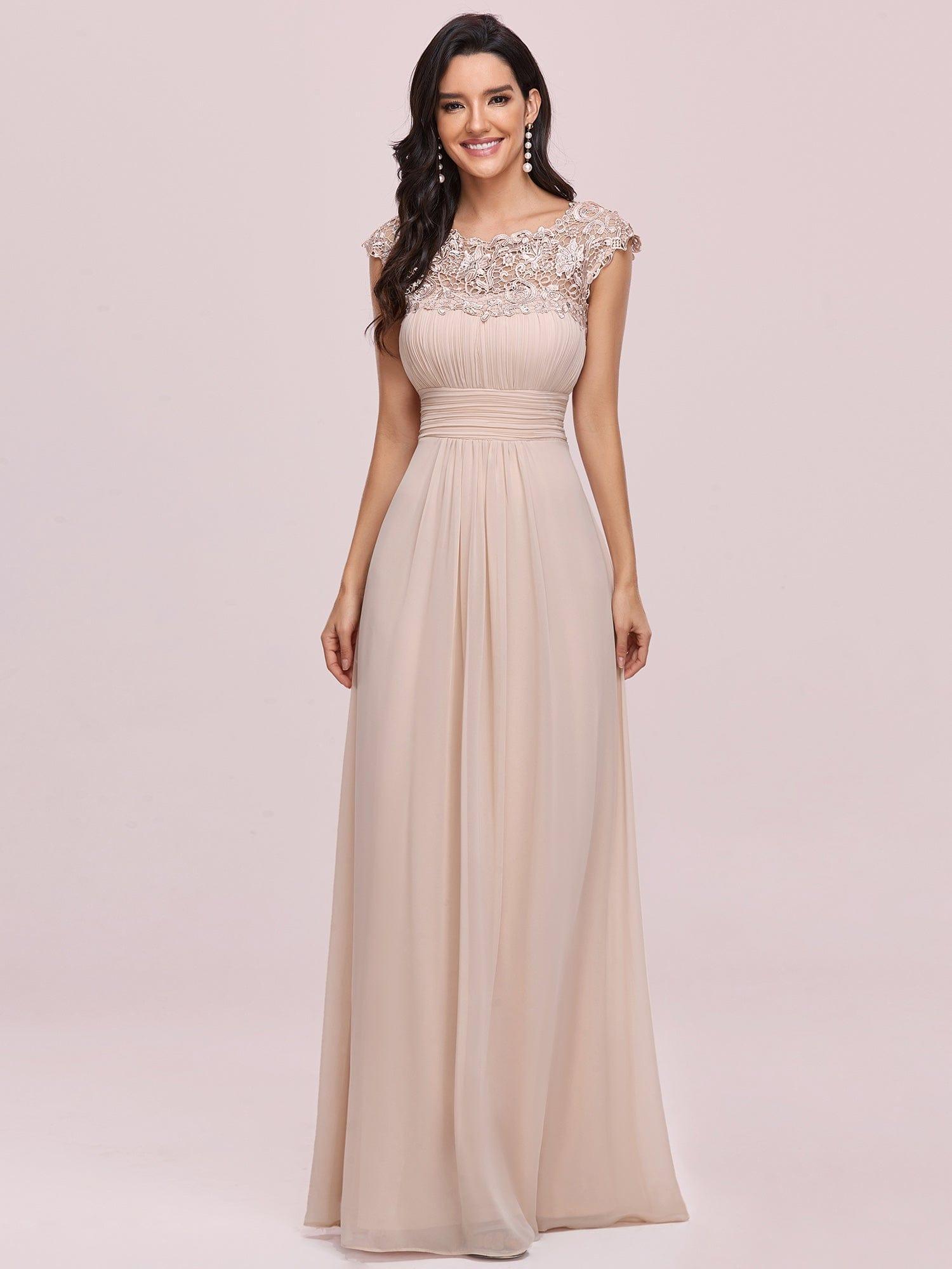 Maxi Lace Cap Sleeve Long Formal Evening Dress #color_Blush