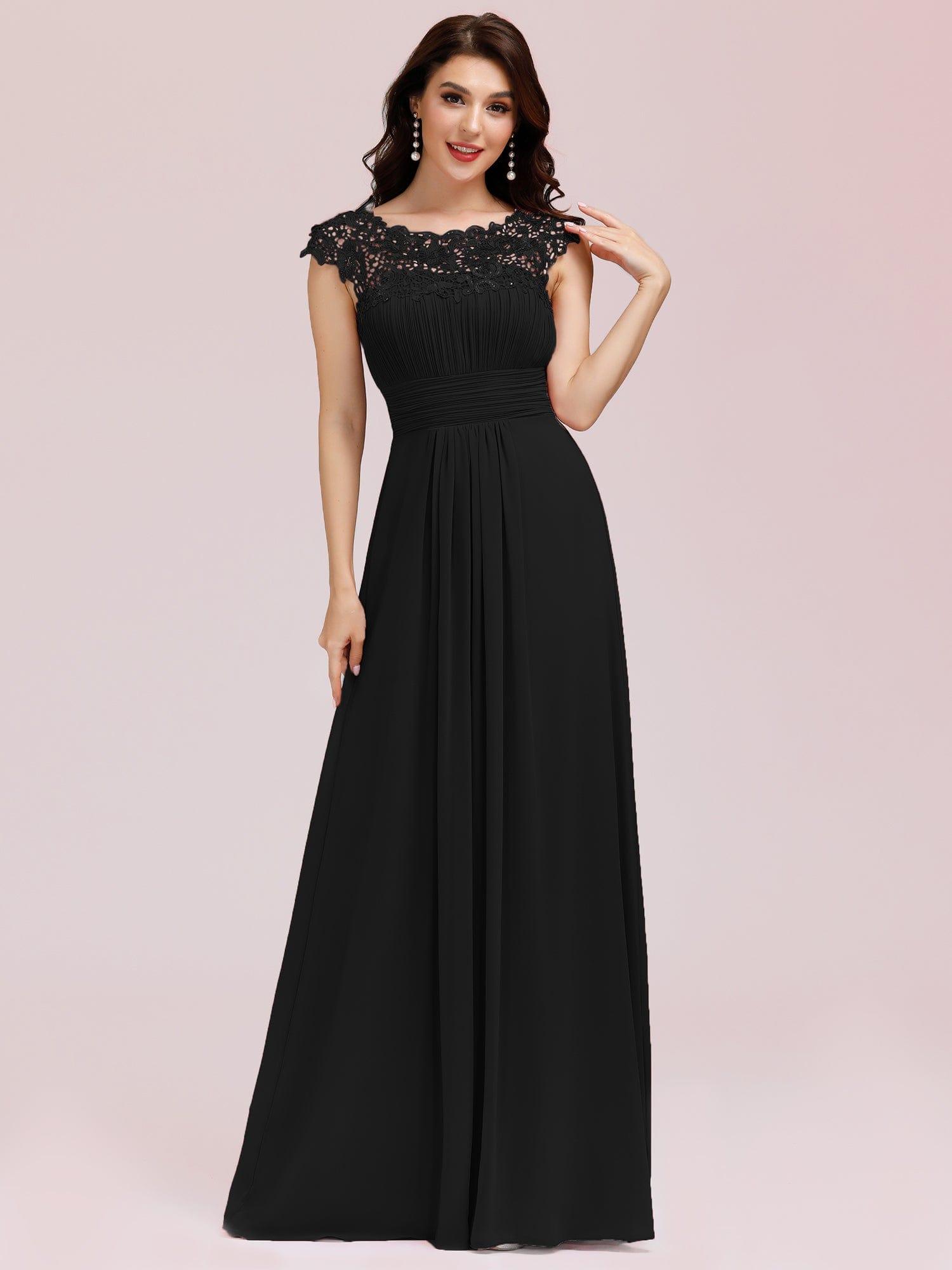 Maxi Lace Cap Sleeve Long Formal Evening Dress #color_Black