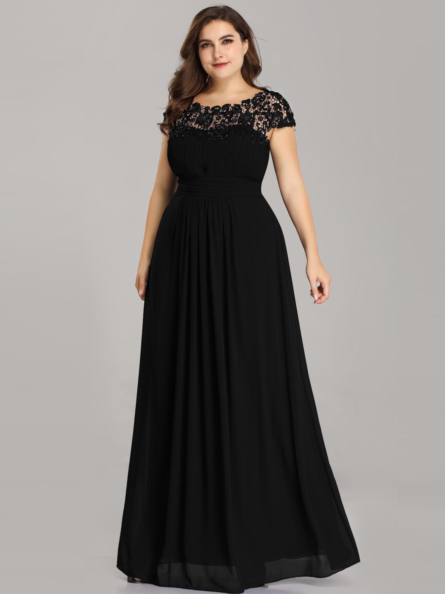Maxi Lace Cap Sleeve Long Formal Evening Dress #color_Black